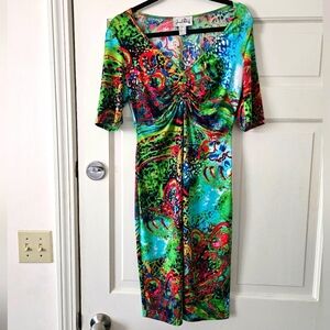 Joseph Ribkoff Dress Large Green Print Sheath V-Neck Artsy Bodycon Knee Length